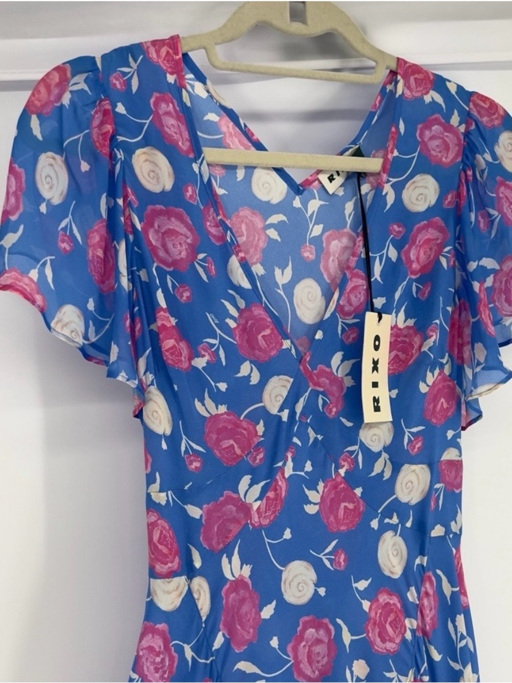 RIXO Blue Floral Wrap dress with Pink & Cream Roses